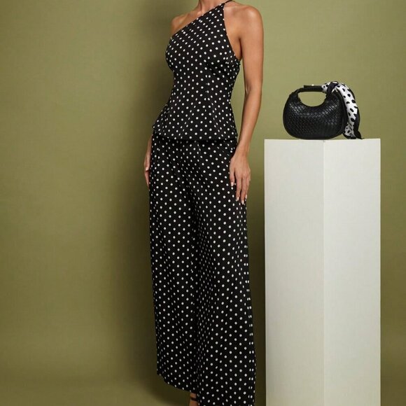 Women's Polka Dot Shoulder Top & Pants Set, Minimalist Wear Classic - Picture 3 of 7